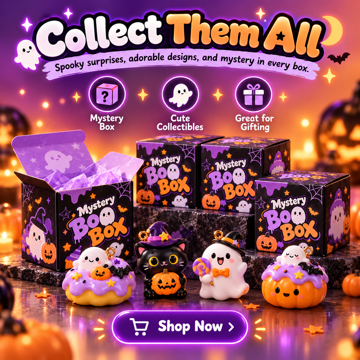 Halloween mystery collectible display with cute ghost, witch cat, purple pumpkin donut and other spooky miniature designs beside Halloween blind boxes