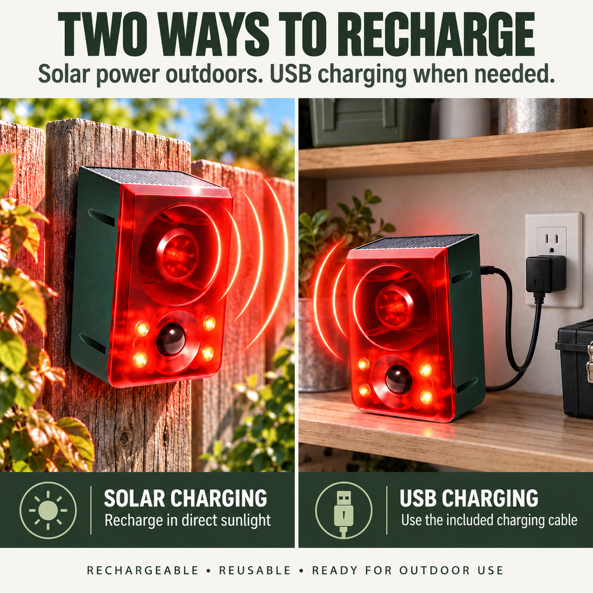🚨Solar Outdoor Motion Sensor Alarm - Dog Barking & Gunshot Sound, Support Recording and Volume Adjustment, 130dB Noise with Flashing Light to Deter Raccoon, Deer, Skunk, Bear, Coyote