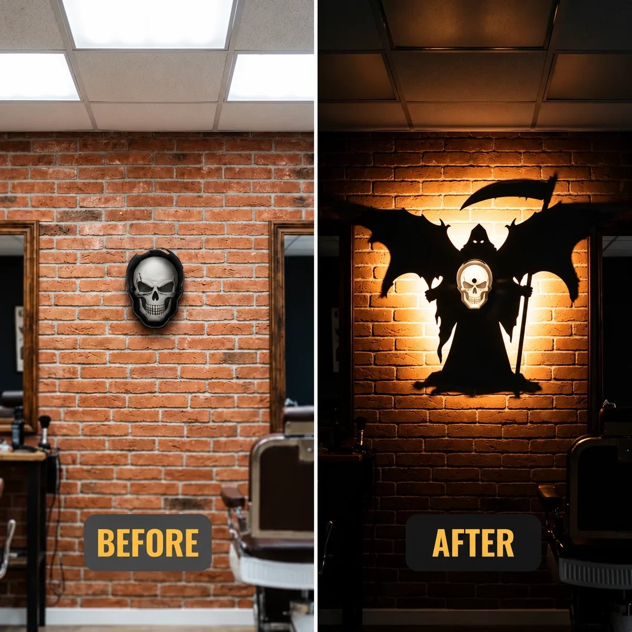 Before and after illustration of a skull wall light revealing a Grim Reaper silhouette