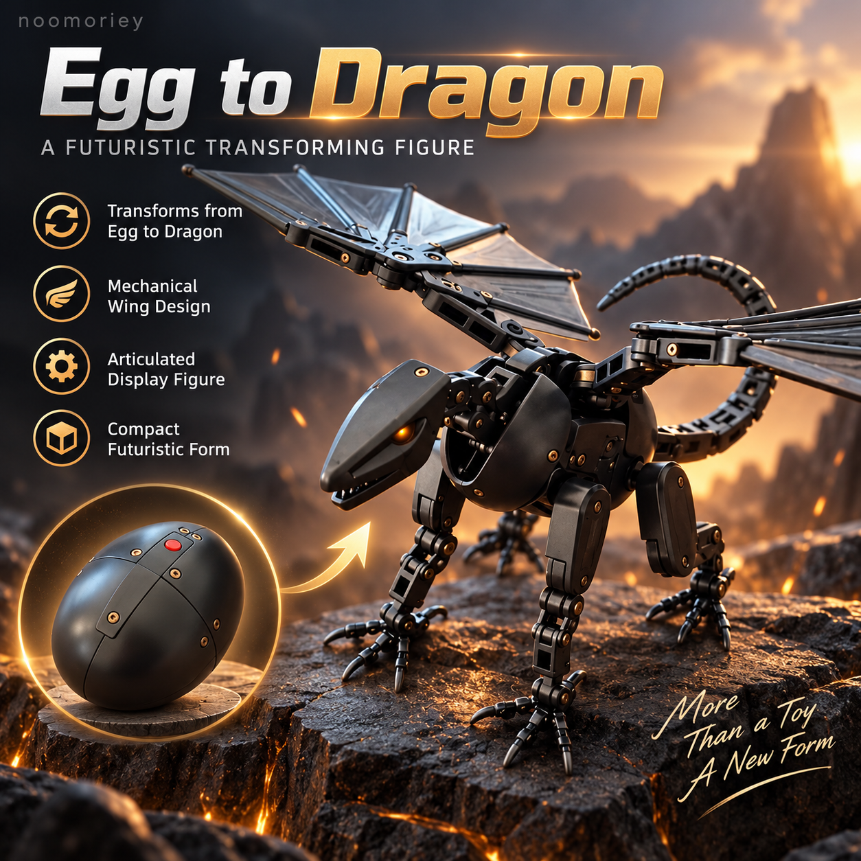 Black transforming mechanical dragon with its compact egg form illustrated