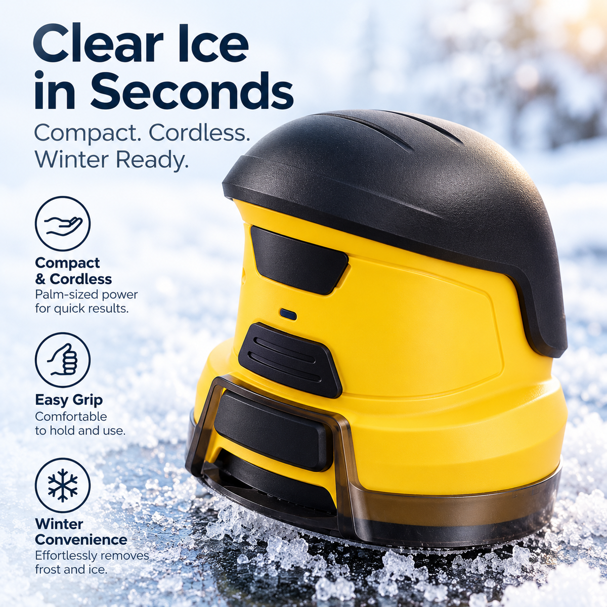 Compact cordless yellow electric ice scraper displayed among ice crystals