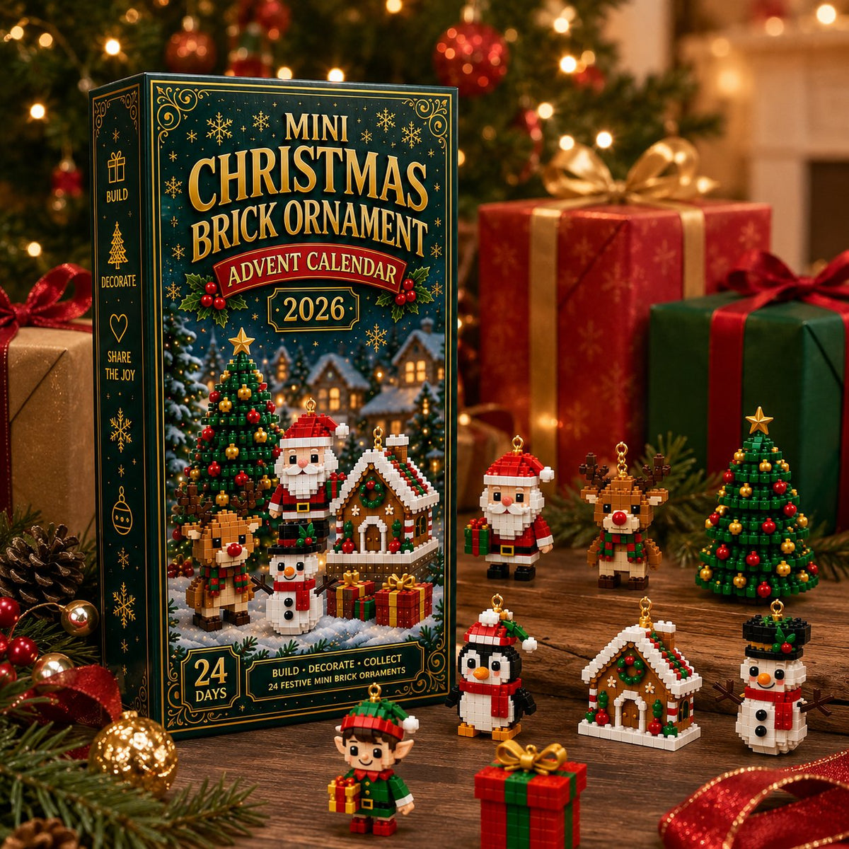 Elegant dark green and gold Christmas brick ornament Advent calendar packaging beside wrapped gifts and miniature models
