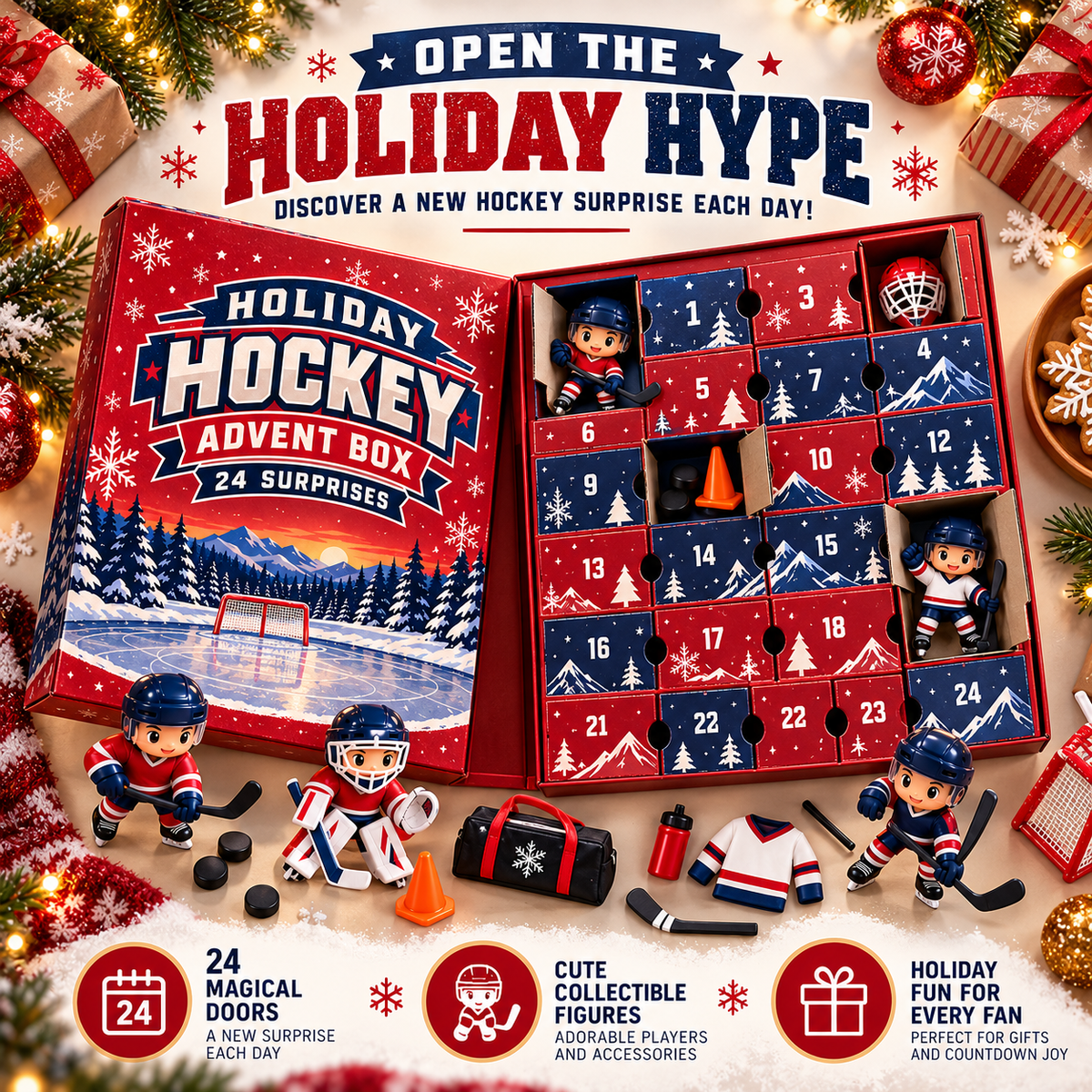 Opened hockey Christmas advent calendar revealing 24 numbered compartments, miniature hockey players, goalie mask, pucks, hockey sticks and other hockey-themed accessories