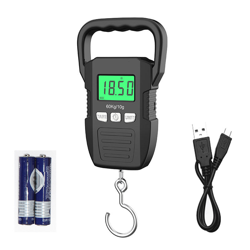 Digital handheld luggage scale with power accessories shown beside it