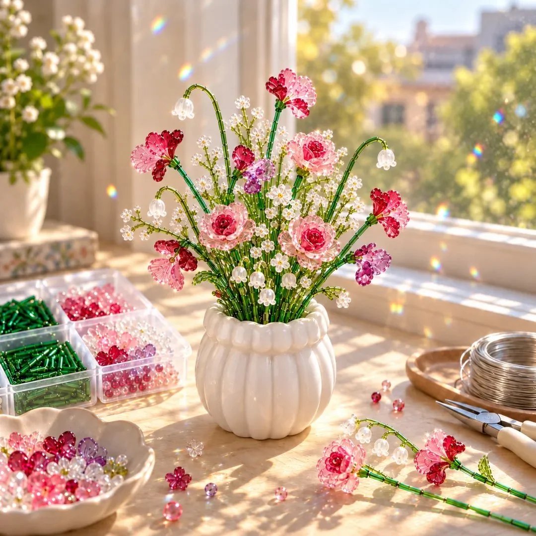 Handmade pink beaded wildflower bouquet craft