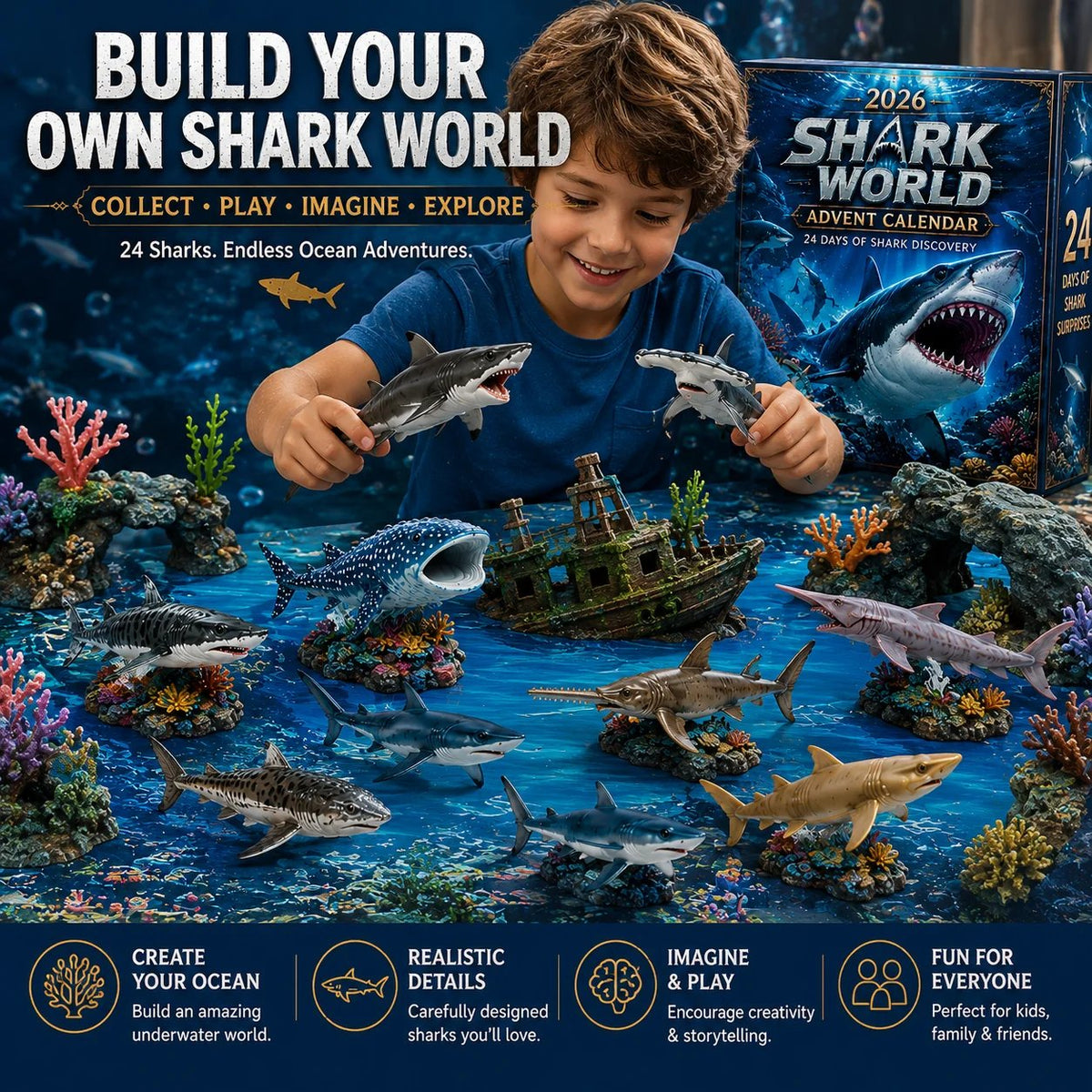 Child playing with shark advent calendar collection in an imaginative underwater scene