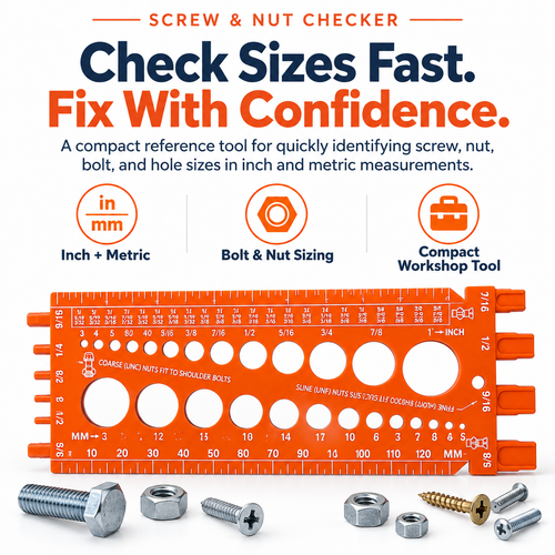 Screw & Nut Size Checker Gauge, Inch & Metric Bolt Measuring Tool, Thread Size Identification Ruler for Screws, Nuts, Bolts & Holes, Compact Workshop Reference Tool