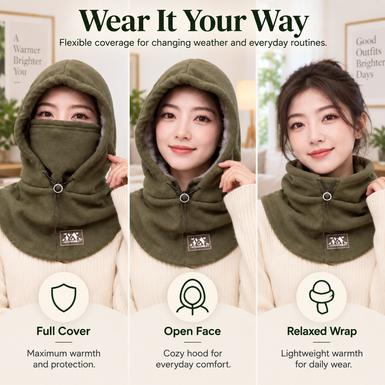 CozyHood shown in Full Cover Open Face and Relaxed Wrap wearing configurations