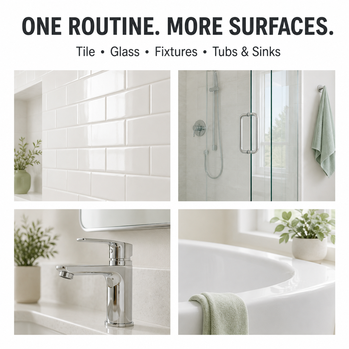 Bathroom surfaces including tile shower glass faucet sink and bathtub