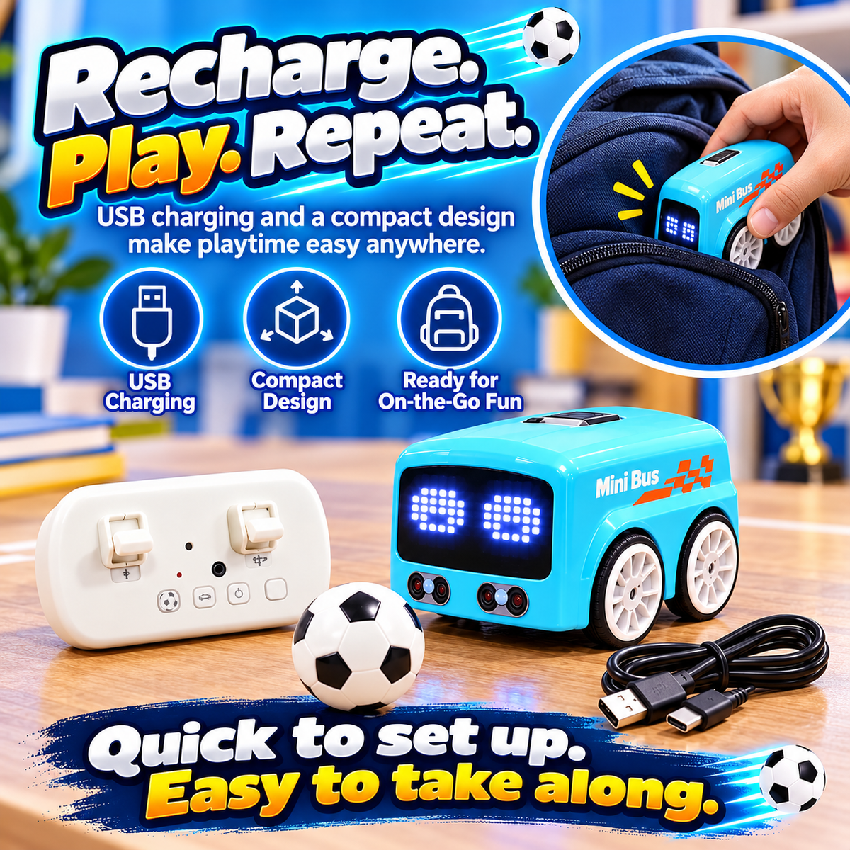 ⚽ MagicMini™ Remote Control Soccer Bus – Rechargeable LED Mini RC Toy