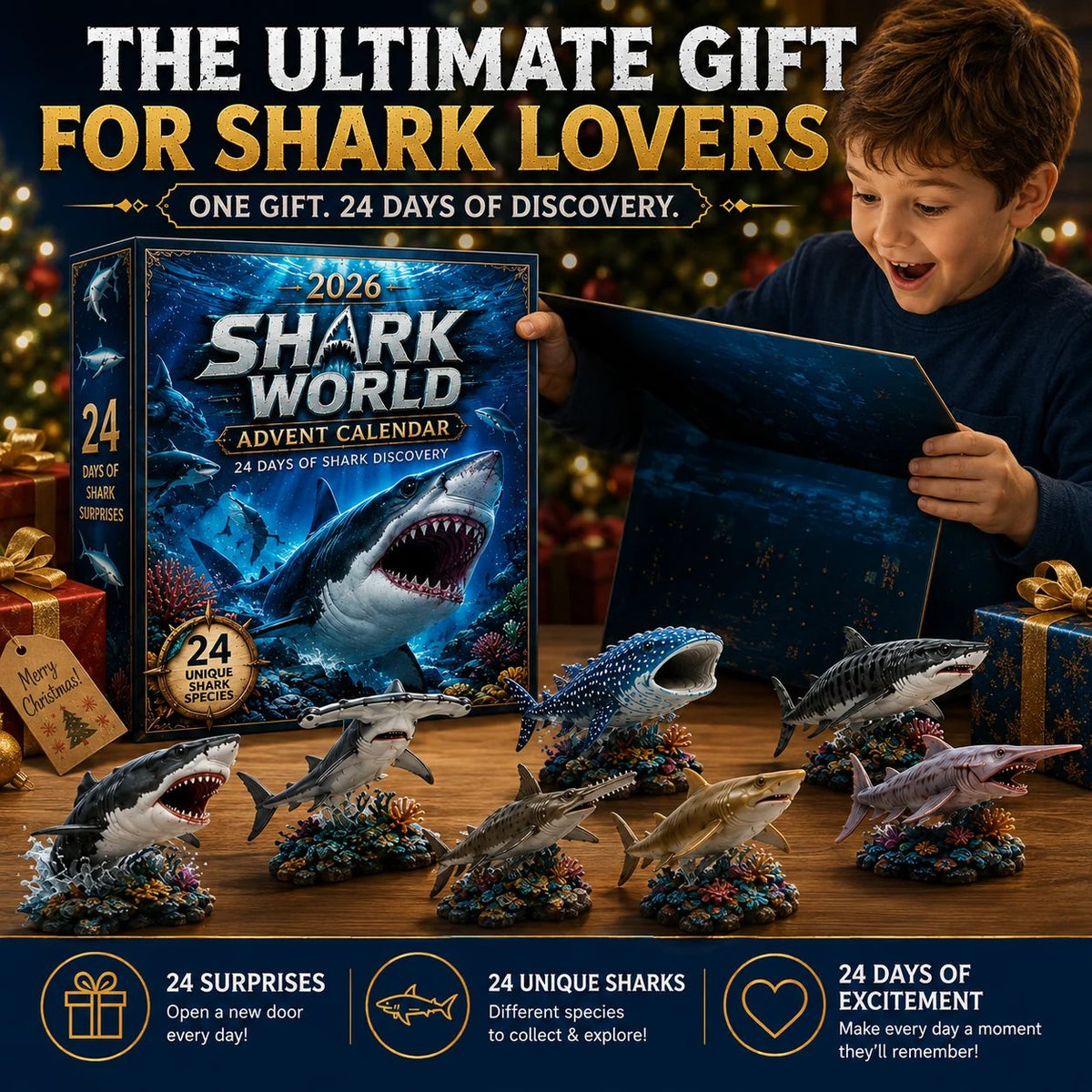2026 Shark World Advent Calendar presented as a Christmas gift for shark lovers