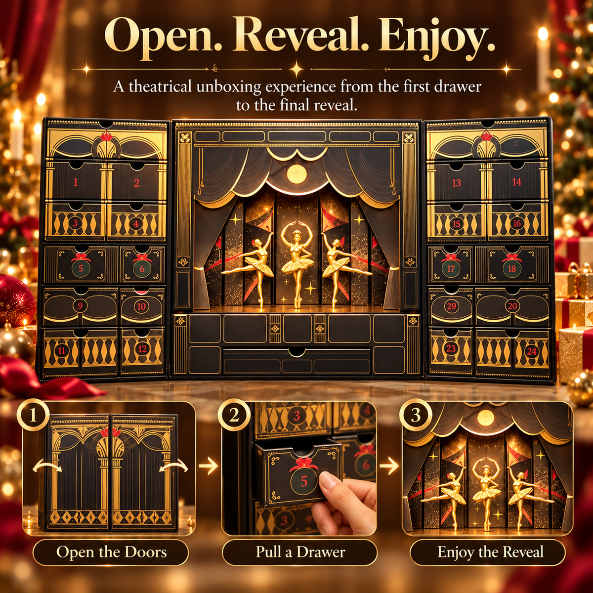 Luxury Ballerina Advent Calendar, 24-Day Christmas Countdown Gift Box with Surprise Drawers, Elegant Theatre-Inspired Holiday Calendar for Girls, Dancers & Ballet Lovers