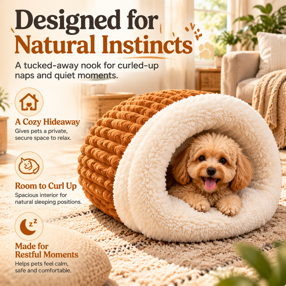Small fluffy dog resting inside the caramel and cream cave pet bed