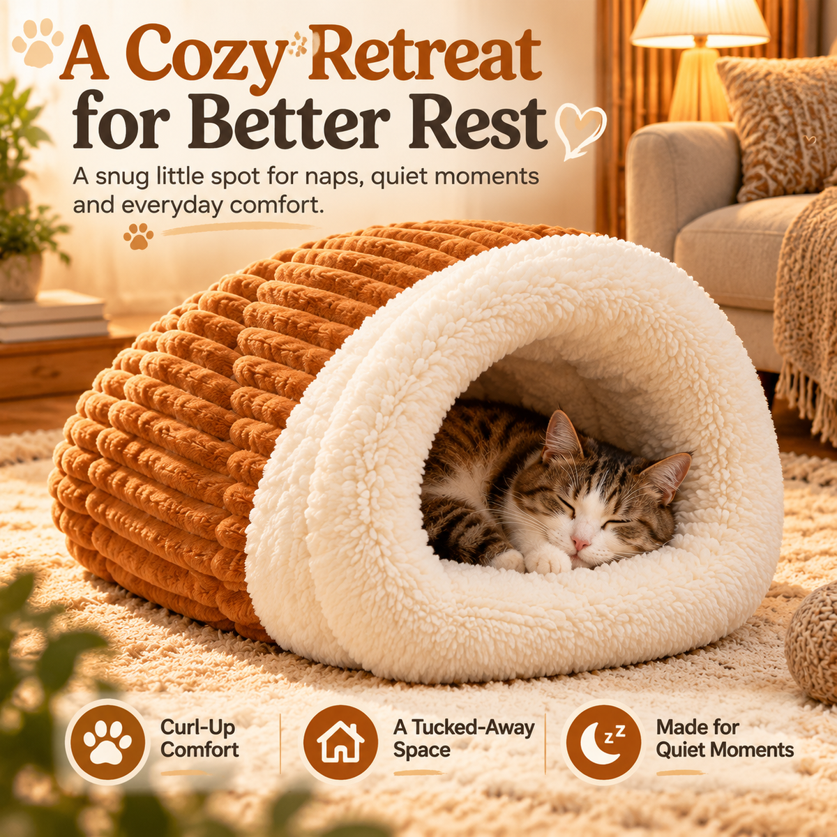 Cat curled up for a nap inside the caramel plush cave bed in a warm living room