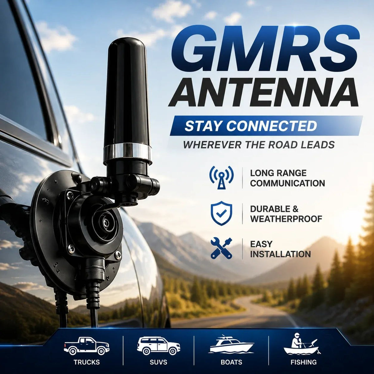 Removable vacuum GMRS antenna mount attached to vehicle body panel