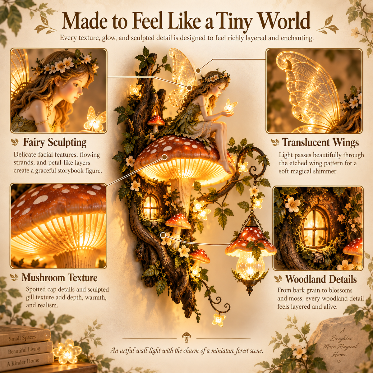 Close-up fairy wings mushroom texture and woodland details on fantasy wall light