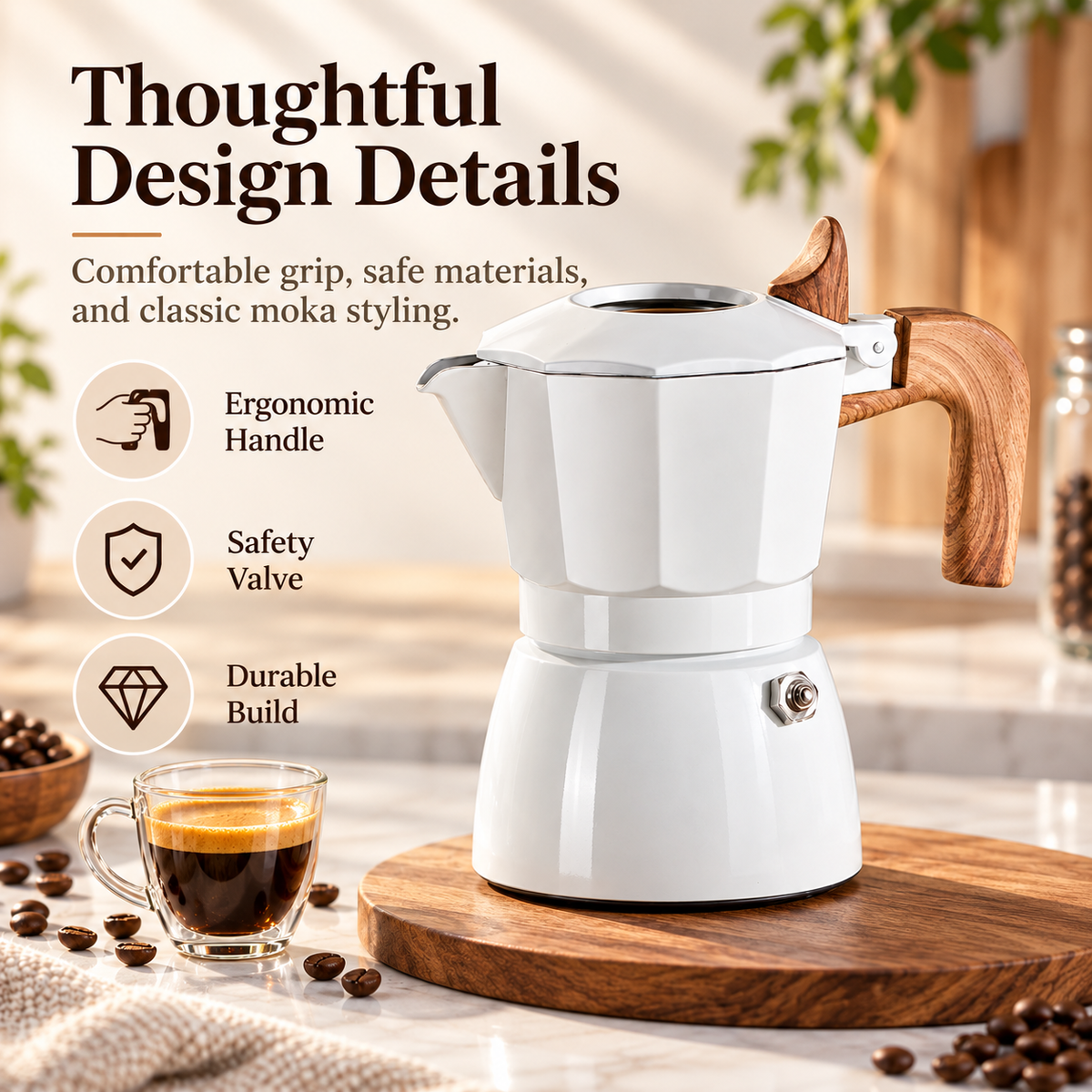 ☕ 2-Cup Electric Moka Pot – Compact Italian Espresso Maker with Ceramic Non-Stick Interior, High-Pressure Extraction & Wood-Style Handle for Home & Office