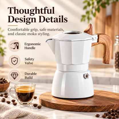 ☕ 2-Cup Electric Moka Pot – Compact Italian Espresso Maker with Ceramic Non-Stick Interior, High-Pressure Extraction & Wood-Style Handle for Home & Office