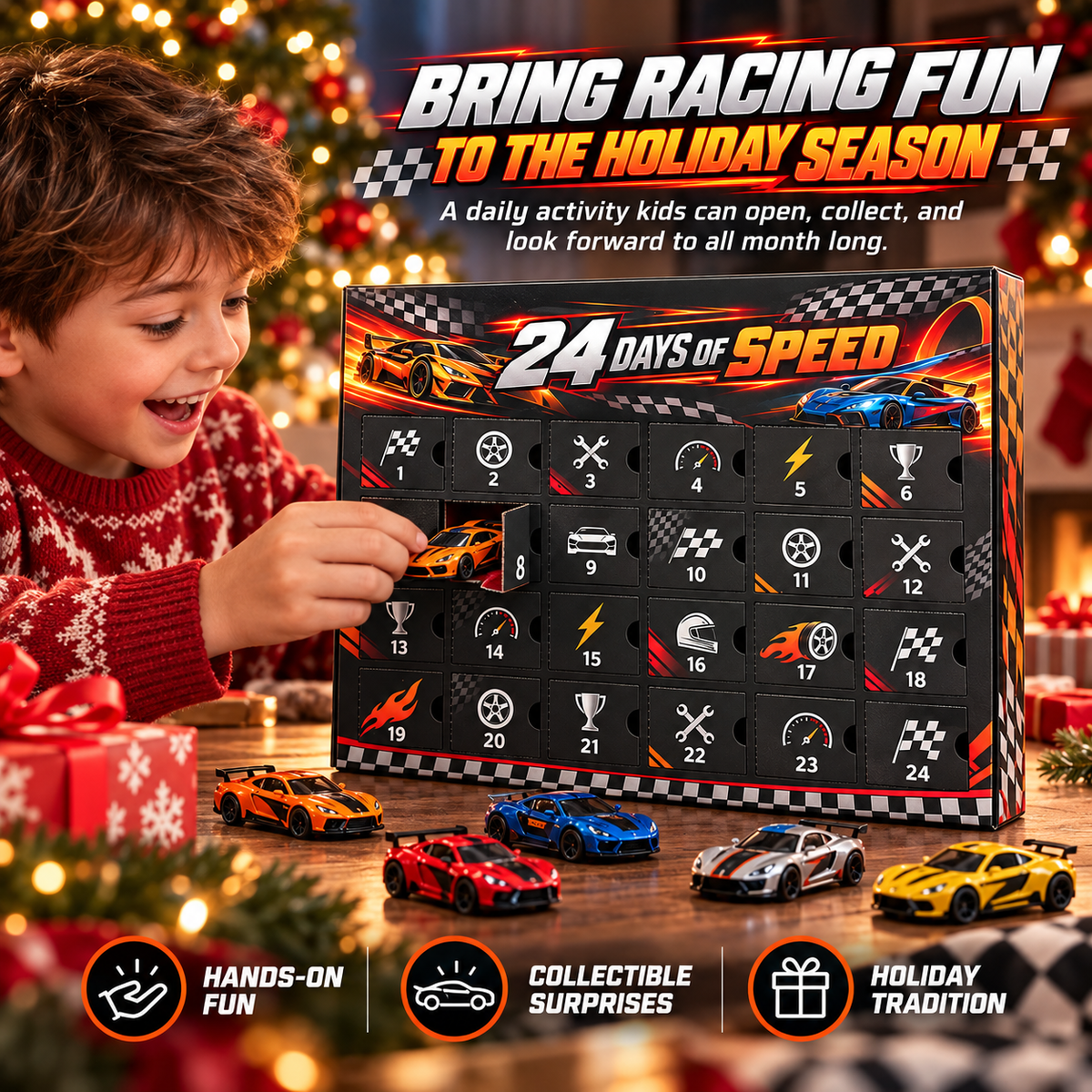 Child opening RaceRush racing advent calendar during Christmas