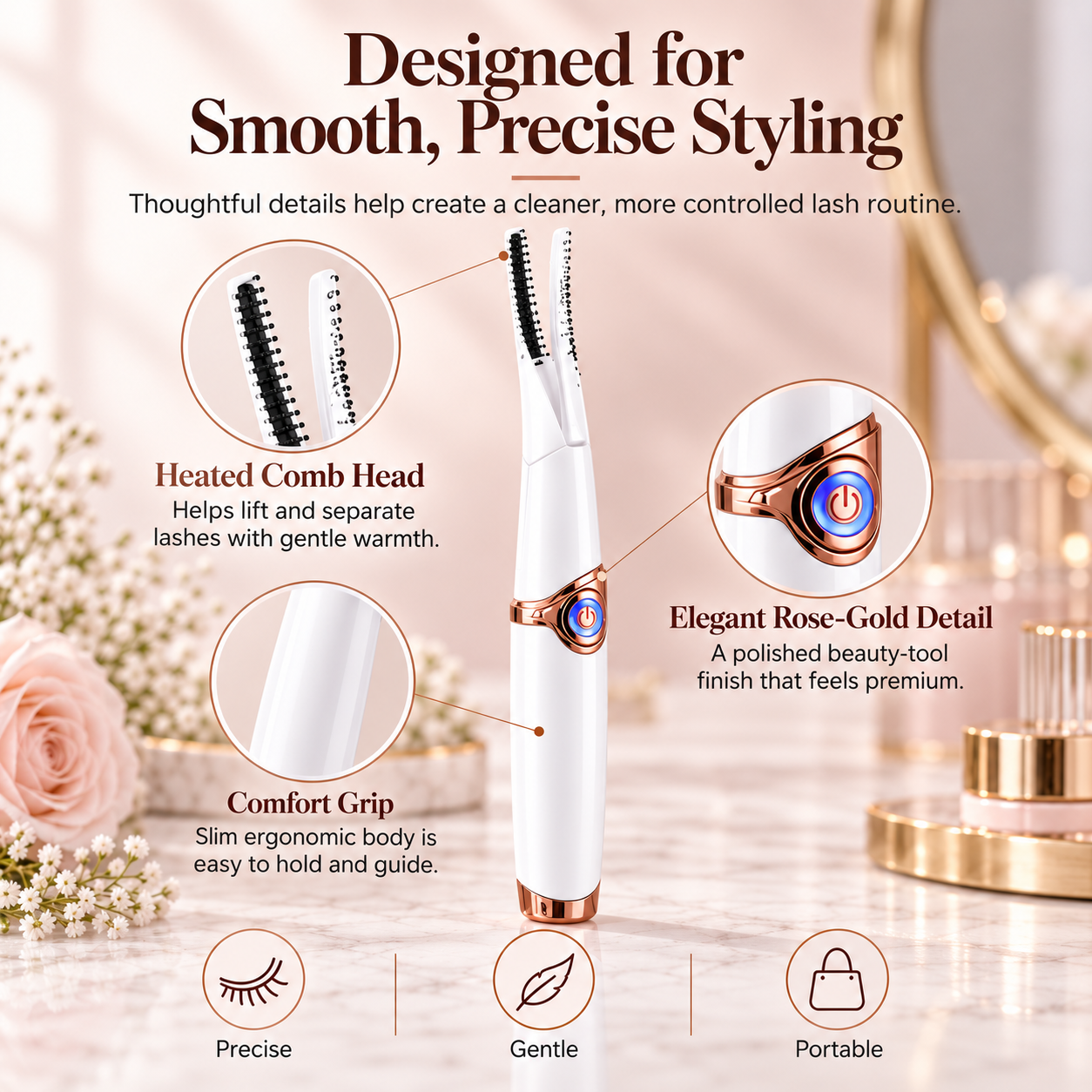 LumaLash design details including heated comb head slim grip and rose-gold-tone power button