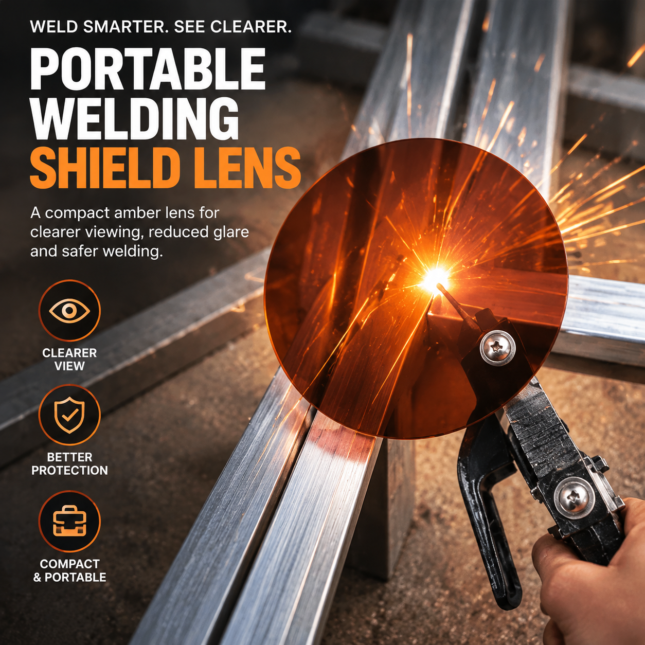 Portable amber welding viewing shield mounted beside a metal workpiece