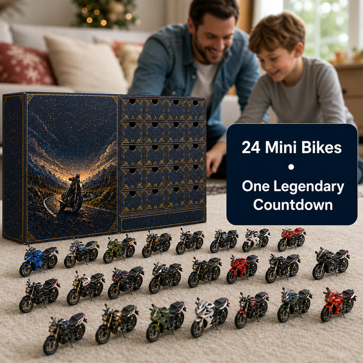 Motorcycle advent calendar with 24 compartments and a collection of miniature motorcycles