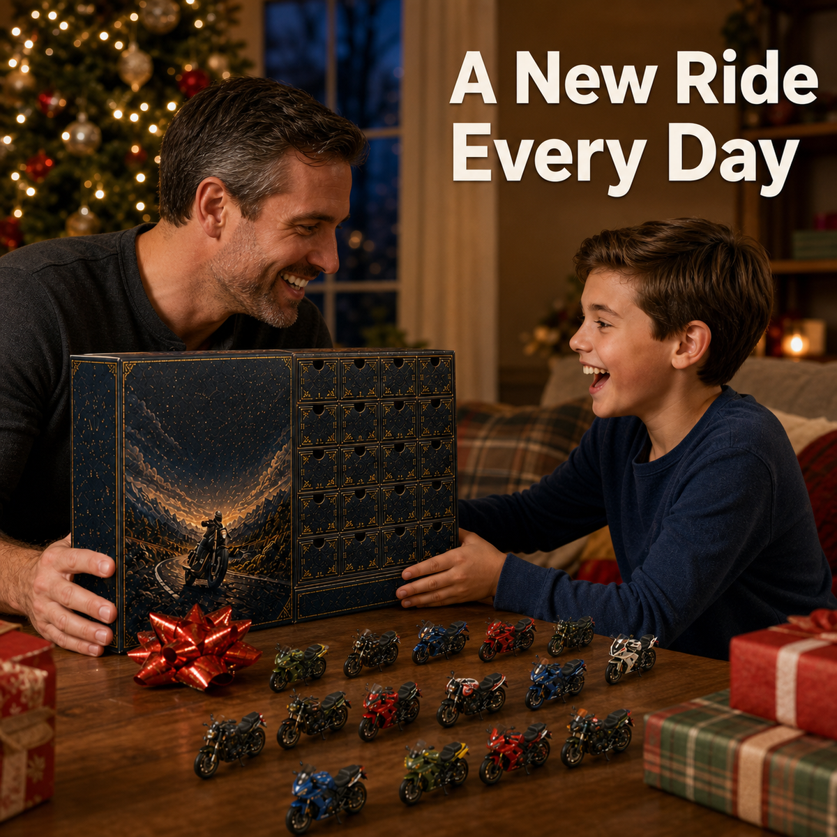 Father and child opening a new motorcycle advent calendar compartment during Christmas