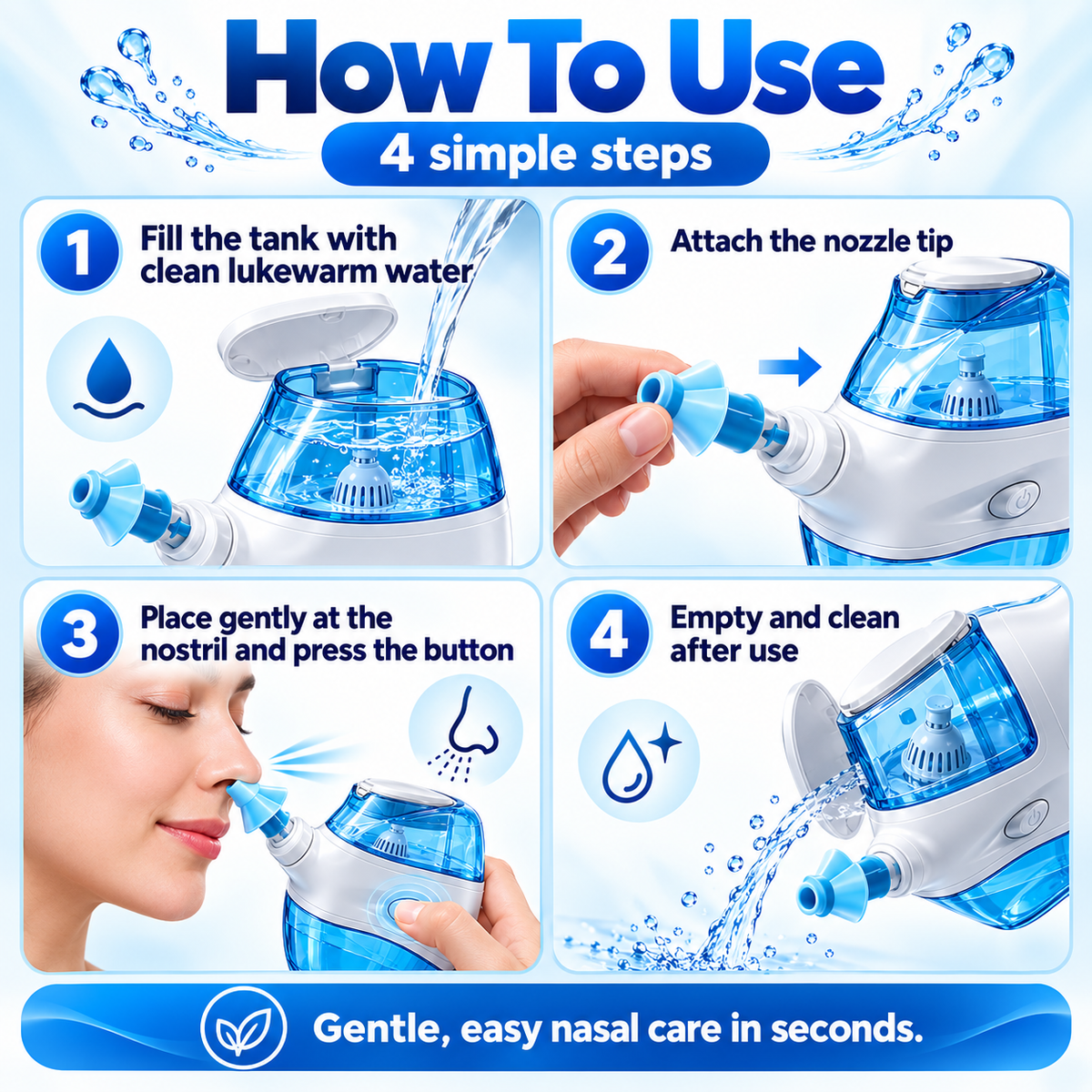 💧 NoseEase™ Electric Nasal Irrigator – Gentle Nasal Cleaning & Suction Care for the Whole Family
