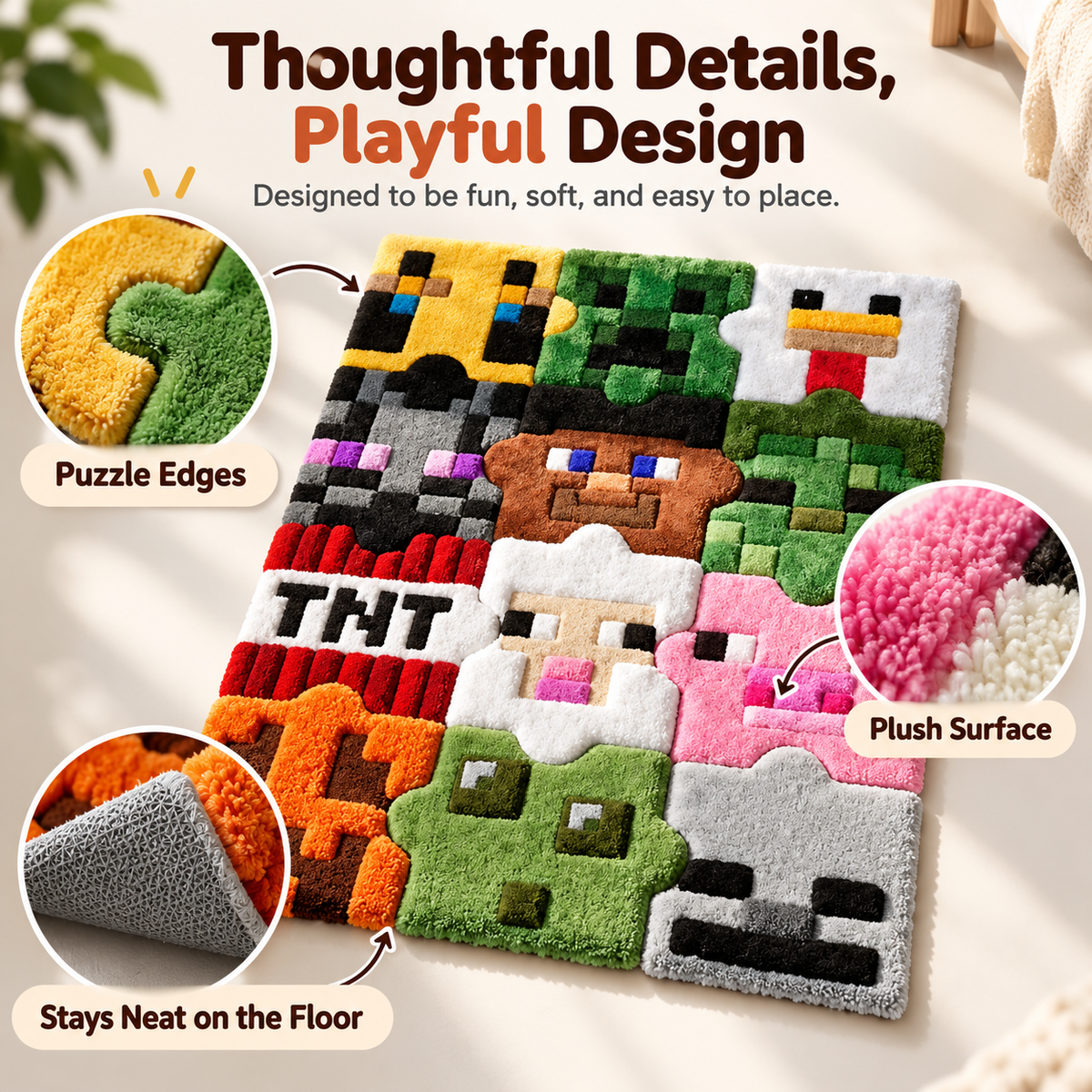 🎮 PixelPlay™ Puzzle Rug – Interlocking Soft Pixel Floor Mat for Fun Gaming Spaces