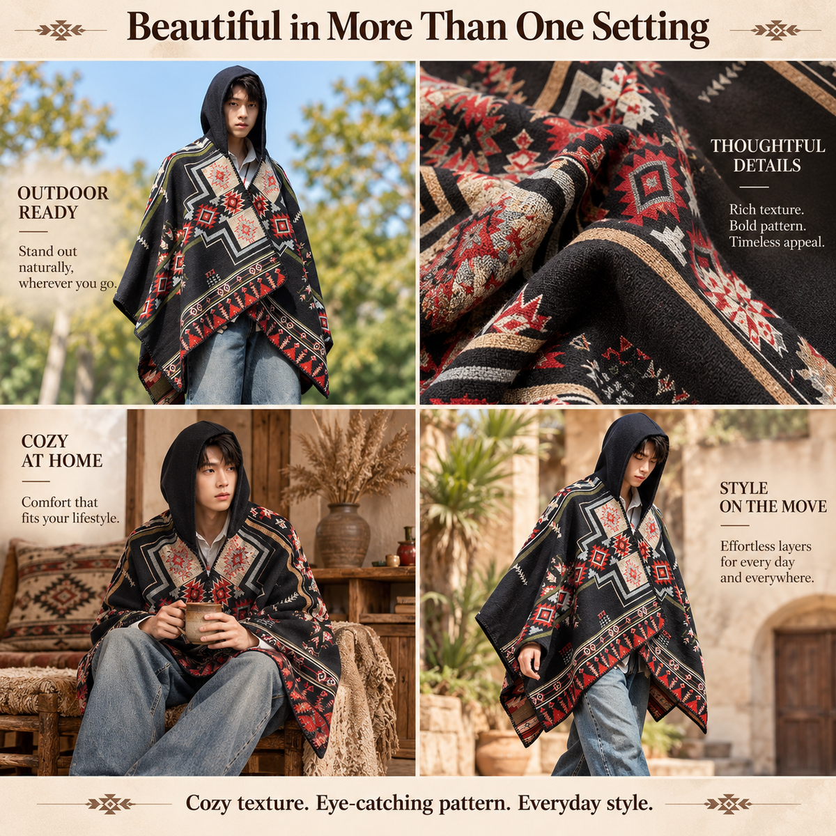 Hooded Boho Poncho Cape, Ethnic Geometric Print Oversized Shawl Wrap, Soft Relaxed Fit Cloak for Fall Winter, Casual Outdoor & Festival Wear