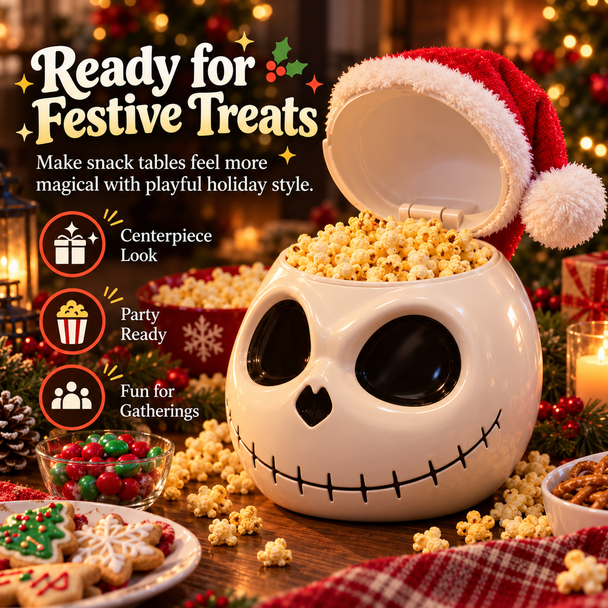 Spooky Skull Popcorn Bucket with Lid, Large Halloween Snack Bowl with Santa Hat Design, Reusable Movie Night Treat Container for Christmas, Parties & Holiday Decor
