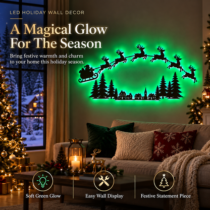 LED Christmas Wall Decor with Santa Sleigh & Reindeer, Green Glowing Holiday Wall Light, Festive Wall Hanging Decoration for Living Room, Bedroom, Fireplace & Seasonal Home Decor