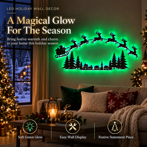 LED Christmas Wall Decor with Santa Sleigh & Reindeer, Green Glowing Holiday Wall Light, Festive Wall Hanging Decoration for Living Room, Bedroom, Fireplace & Seasonal Home Decor