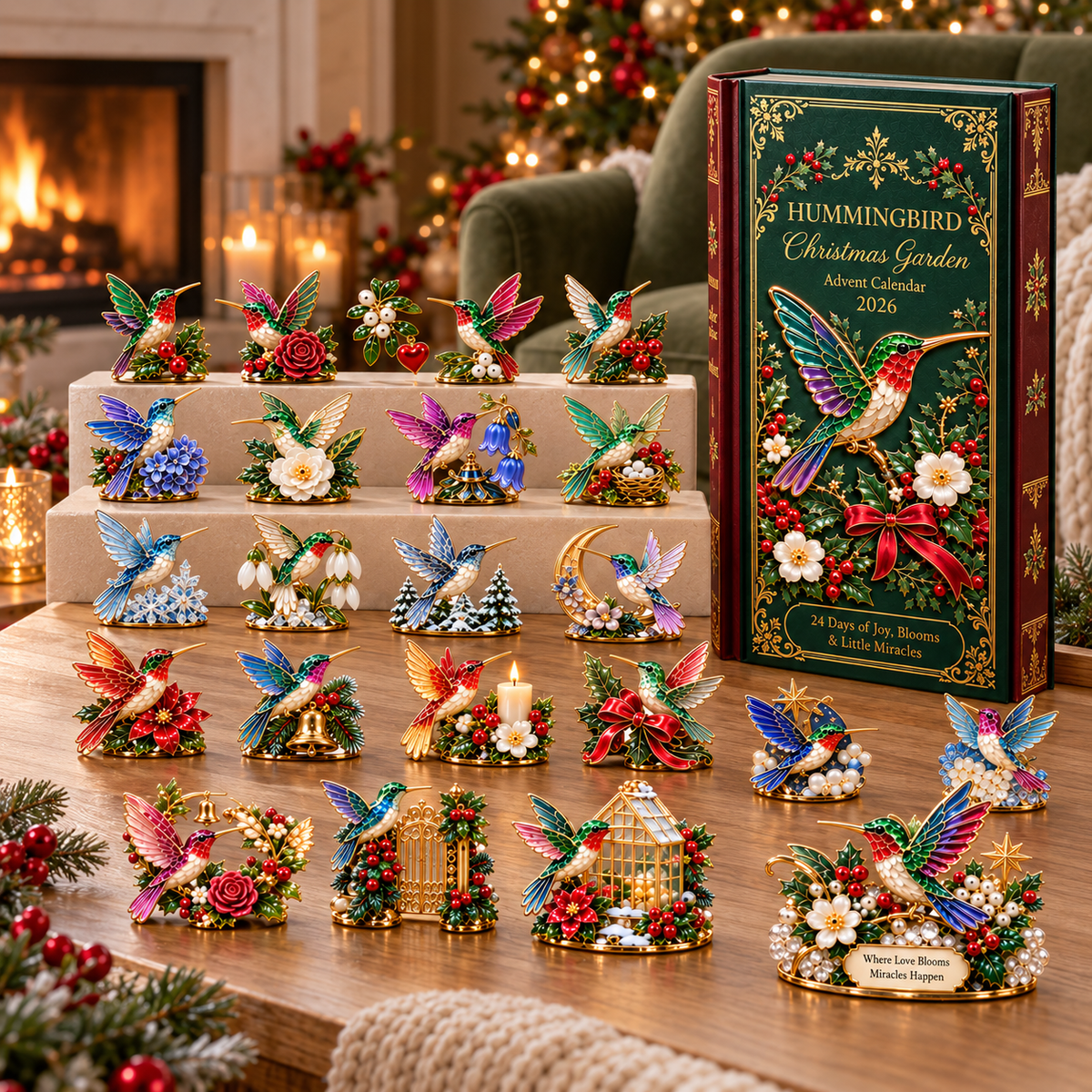 Hummingbird Christmas ornaments arranged in a warm living room near the fireplace