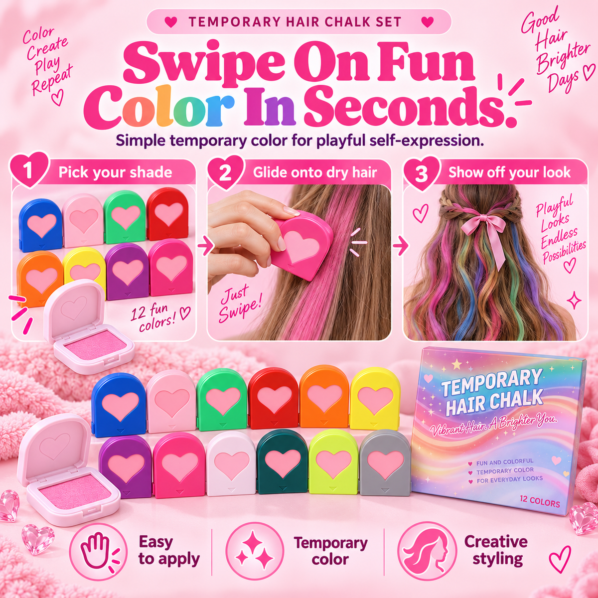 🌈 ColorPop™ Temporary Hair Chalk Set – 12-Color Instant Hair Transformation Kit