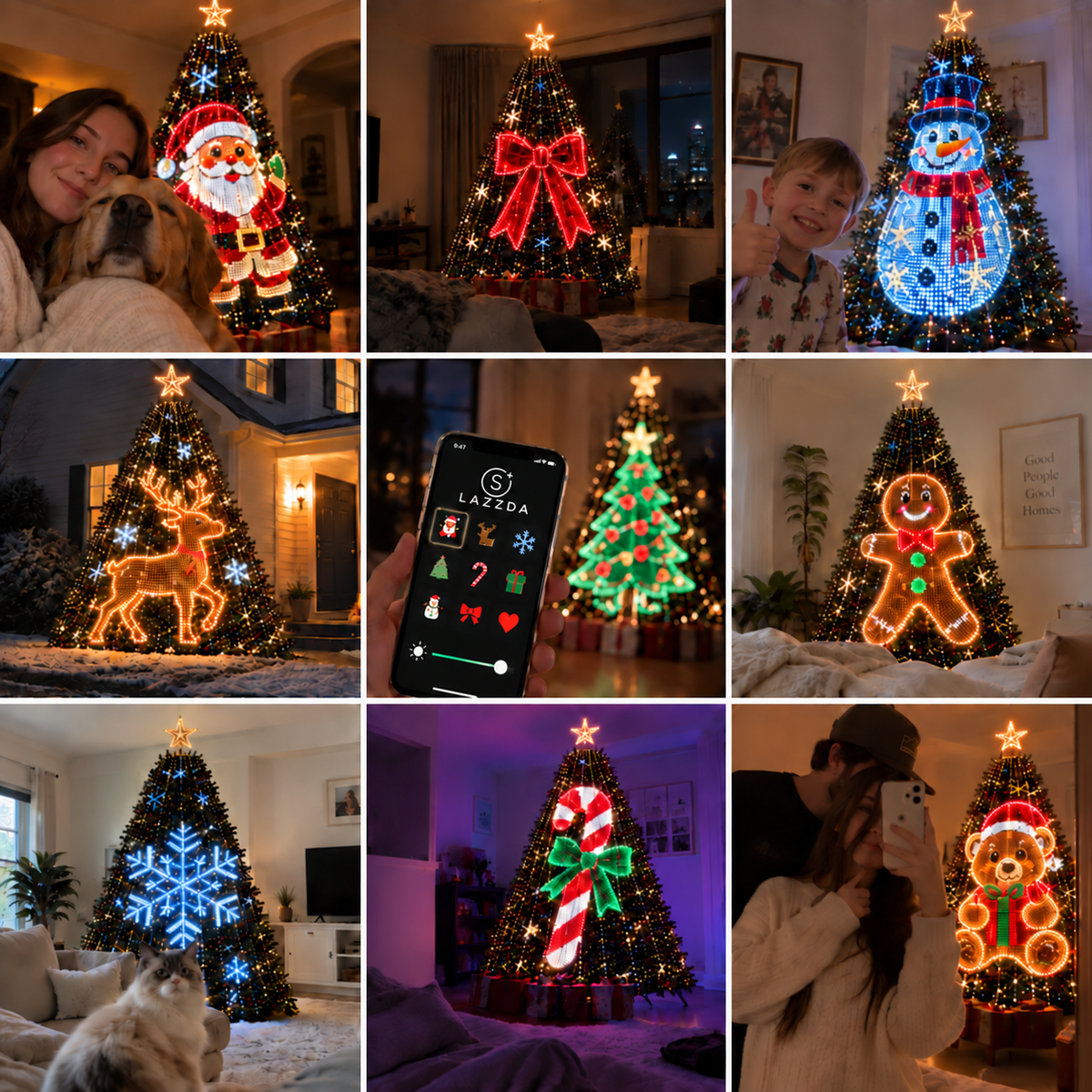 Families enjoying different animated Christmas tree light designs