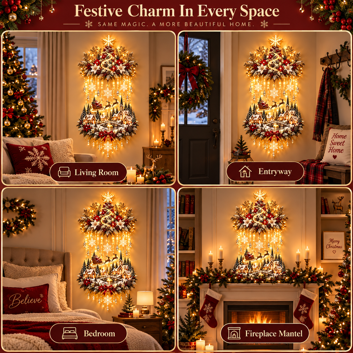 Lighted Christmas Wall Hanging Decor, Warm White LED Holiday Wall Decoration with Snowflakes, Santa Sleigh & Winter Village, Festive Christmas Home Decor for Living Room, Entryway & Fireplace