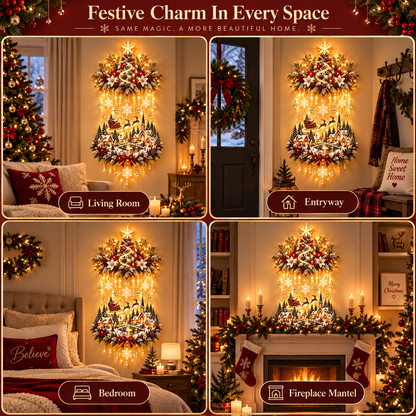 Lighted Christmas Wall Hanging Decor, Warm White LED Holiday Wall Decoration with Snowflakes, Santa Sleigh & Winter Village, Festive Christmas Home Decor for Living Room, Entryway & Fireplace
