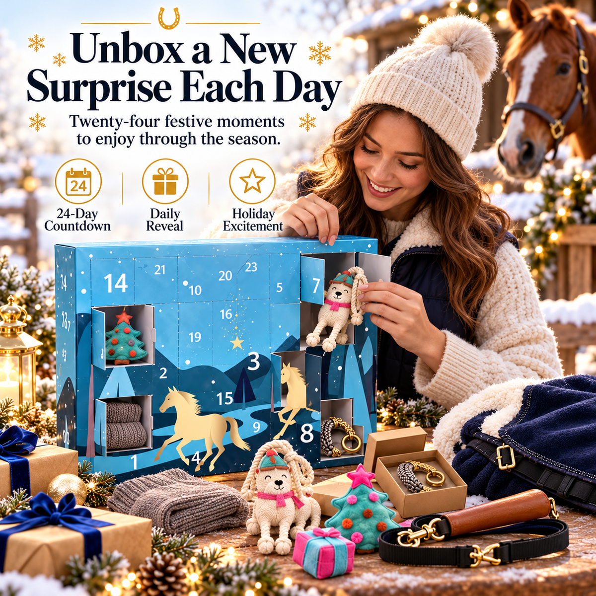 Horse lover opening a numbered blue equestrian advent calendar door