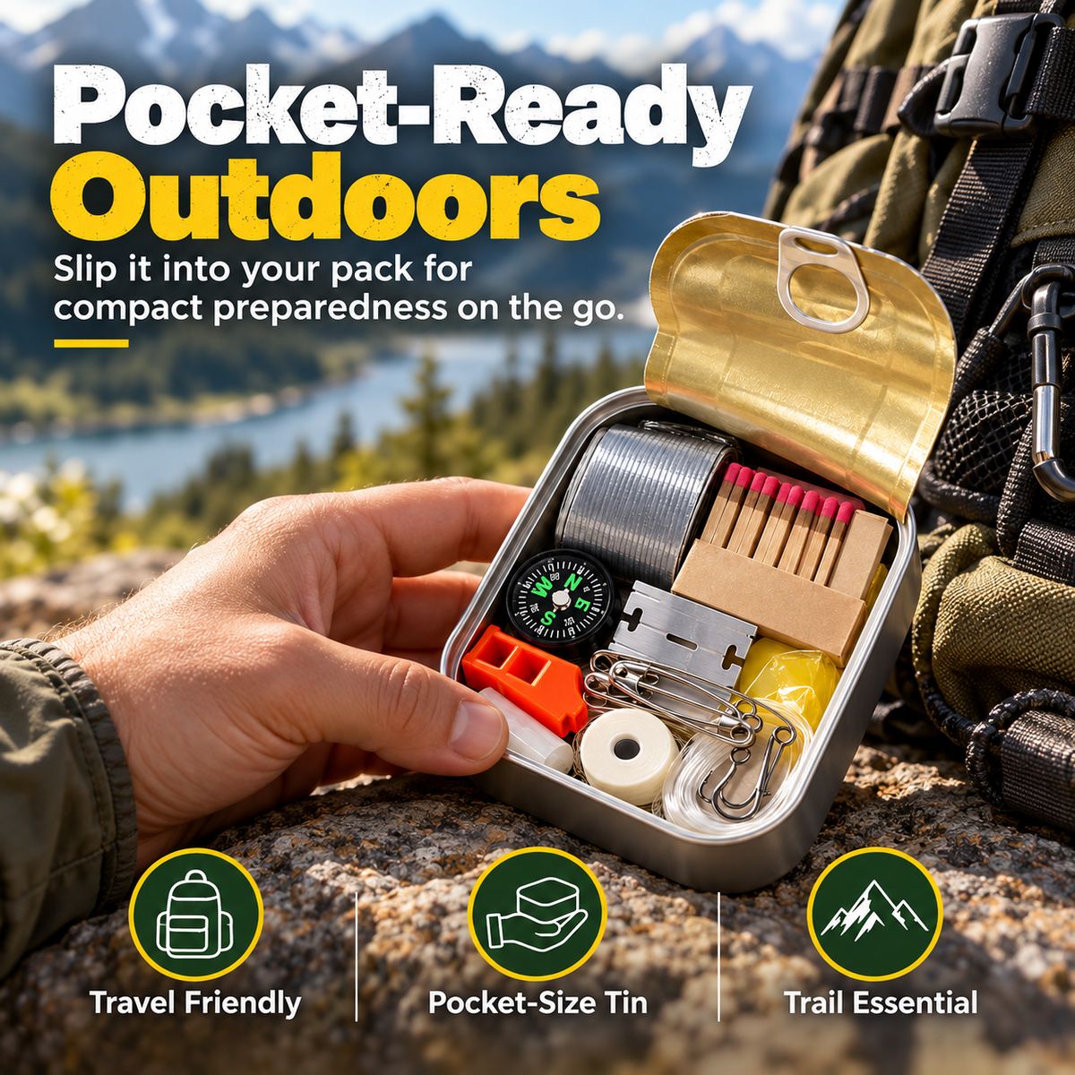 Pocket Survival Kit, Compact Emergency Essentials Tin with Multi-Tool Accessories, Mini Outdoor Preparedness Kit for Camping, Hiking, Travel, Backpacking & Everyday Carr