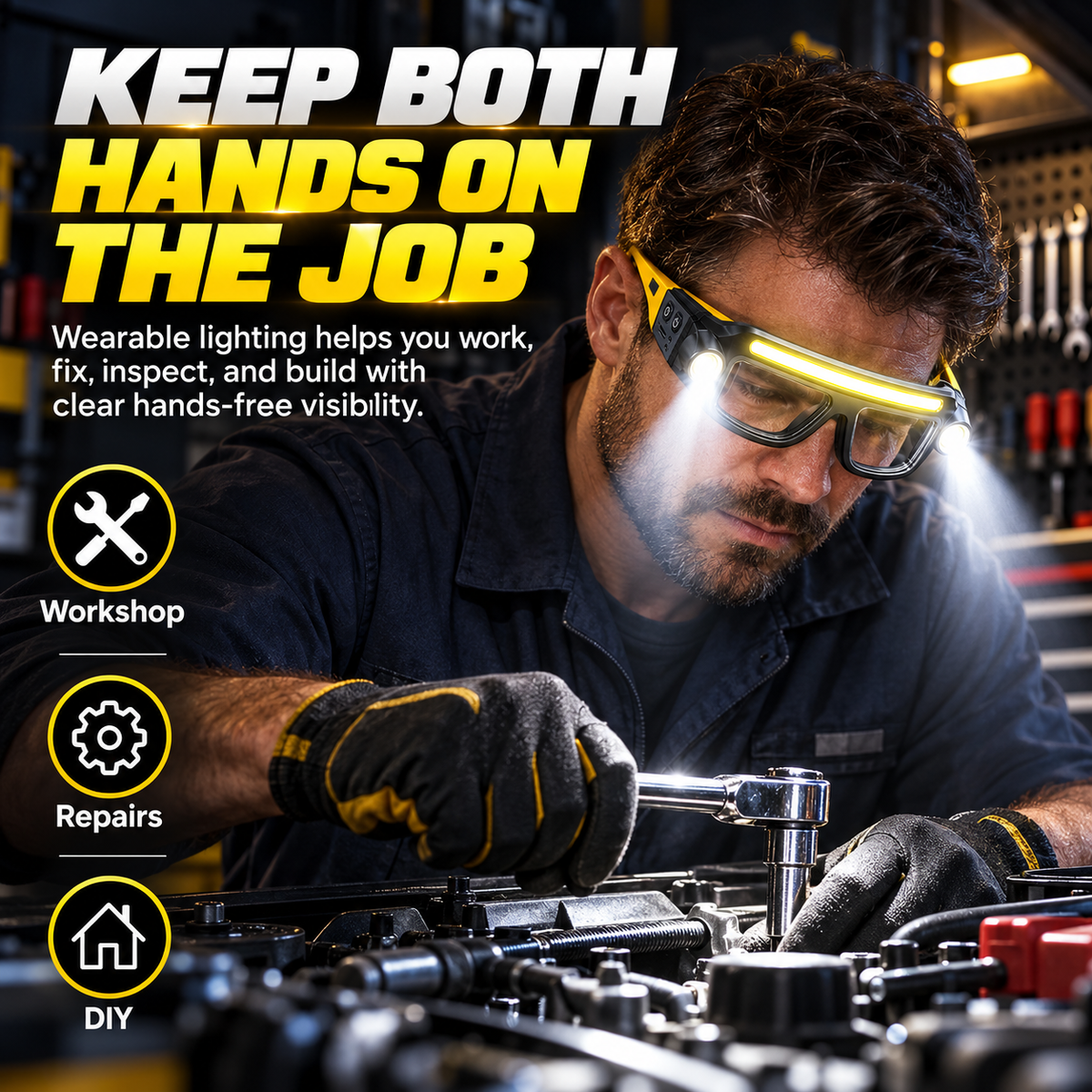 🔦 BrightSight™ Hands-Free LED Work Glasses – Wide Beam Lighting for Repairs, DIY & Night Work