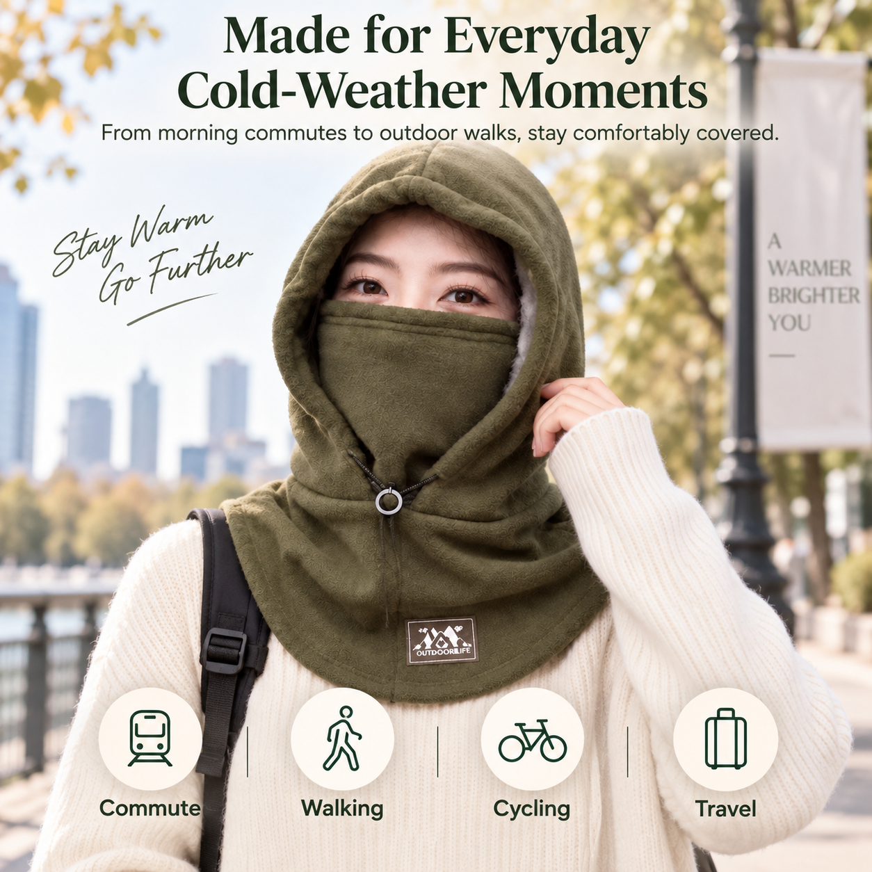CozyHood worn outdoors for commuting walking cycling and travel
