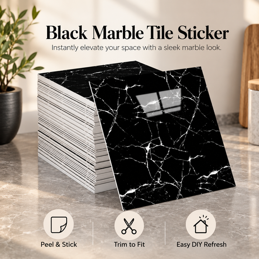 Black Marble Peel and Stick Tile Stickers, Self-Adhesive Faux Marble Decorative Tiles, Removable Vinyl Wall Stickers for Bedroom, Living Room, Furniture, Cabinets and Home Decor