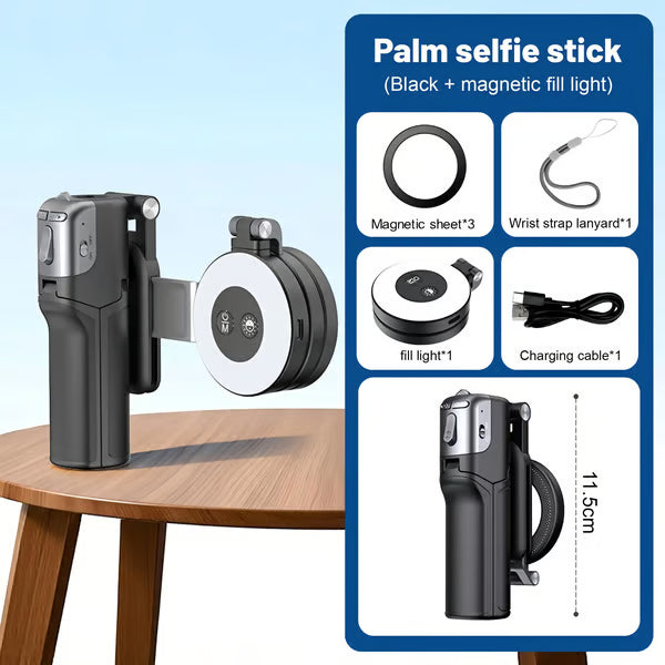 3-in-1 Compact Metal Selfie Stick-Tripod for Cellphone- Black Selfie Stick Kit + Light with Quick Magnetic Setup, Adjustable Holder, Rotatable Stabilizer, Extendable Remote, 3 Rings, Fill Light Ready Mobile Accessory, Selfie Sti