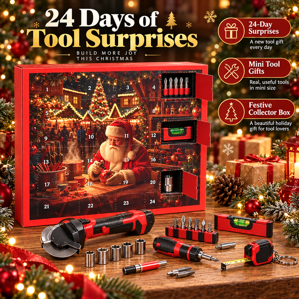 Christmas tool advent calendar with 24 numbered doors, festive Santa workshop artwork and miniature tool-themed accessories