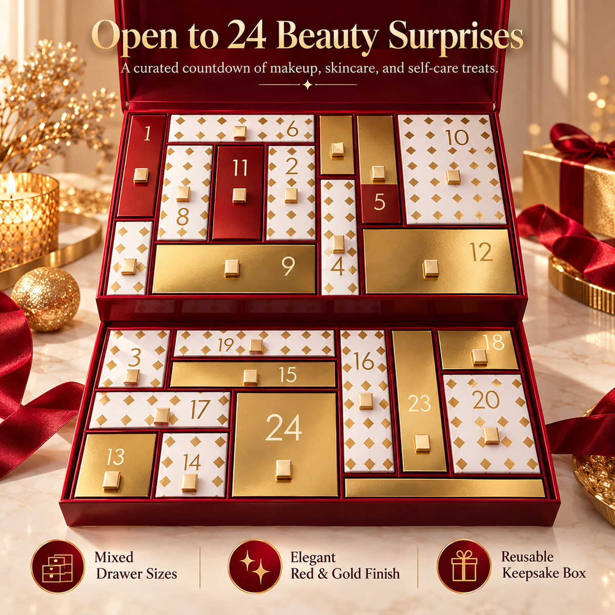 💄 LuxeVault™ 24-Day Beauty Advent Calendar – Luxury Countdown Gift Box with Reusable Storage Case