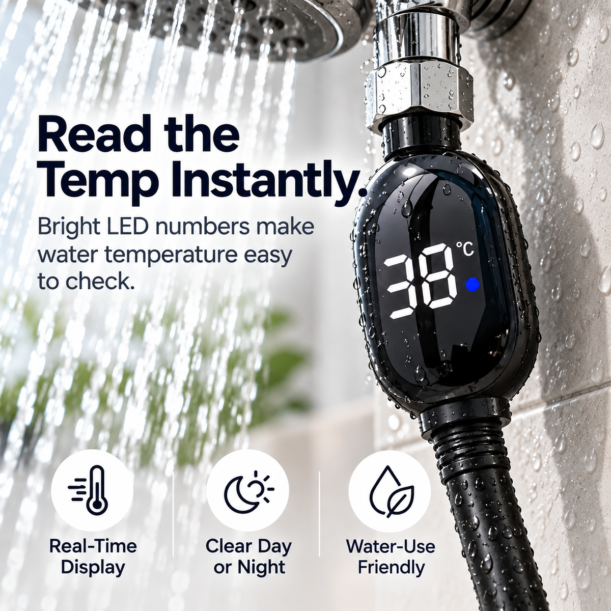 Digital Shower Thermometer with LED Display, Real-Time Water Temperature Monitor, Easy-Install Waterproof Shower Temperature Gauge for Bathroom
