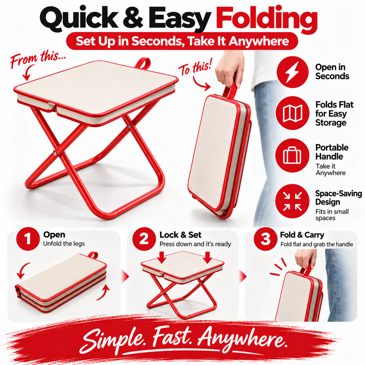 Quick folding stool with integrated carry handle