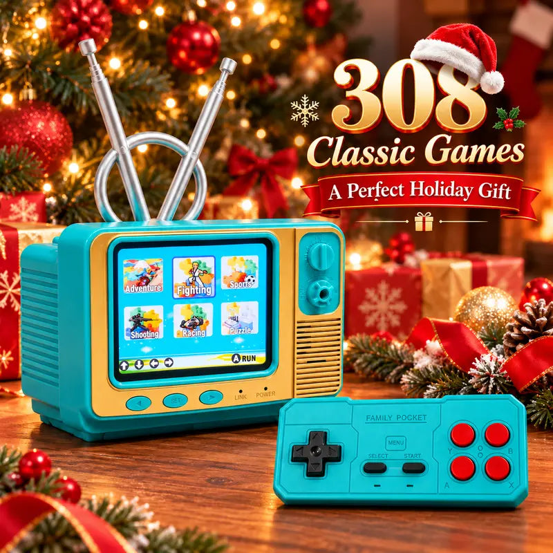 Mini retro TV game console with wireless controller in a festive gift display