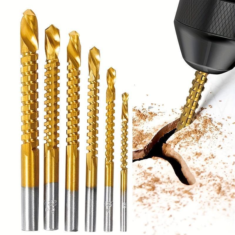 Six gold high speed steel drill bits arranged from largest to smallest